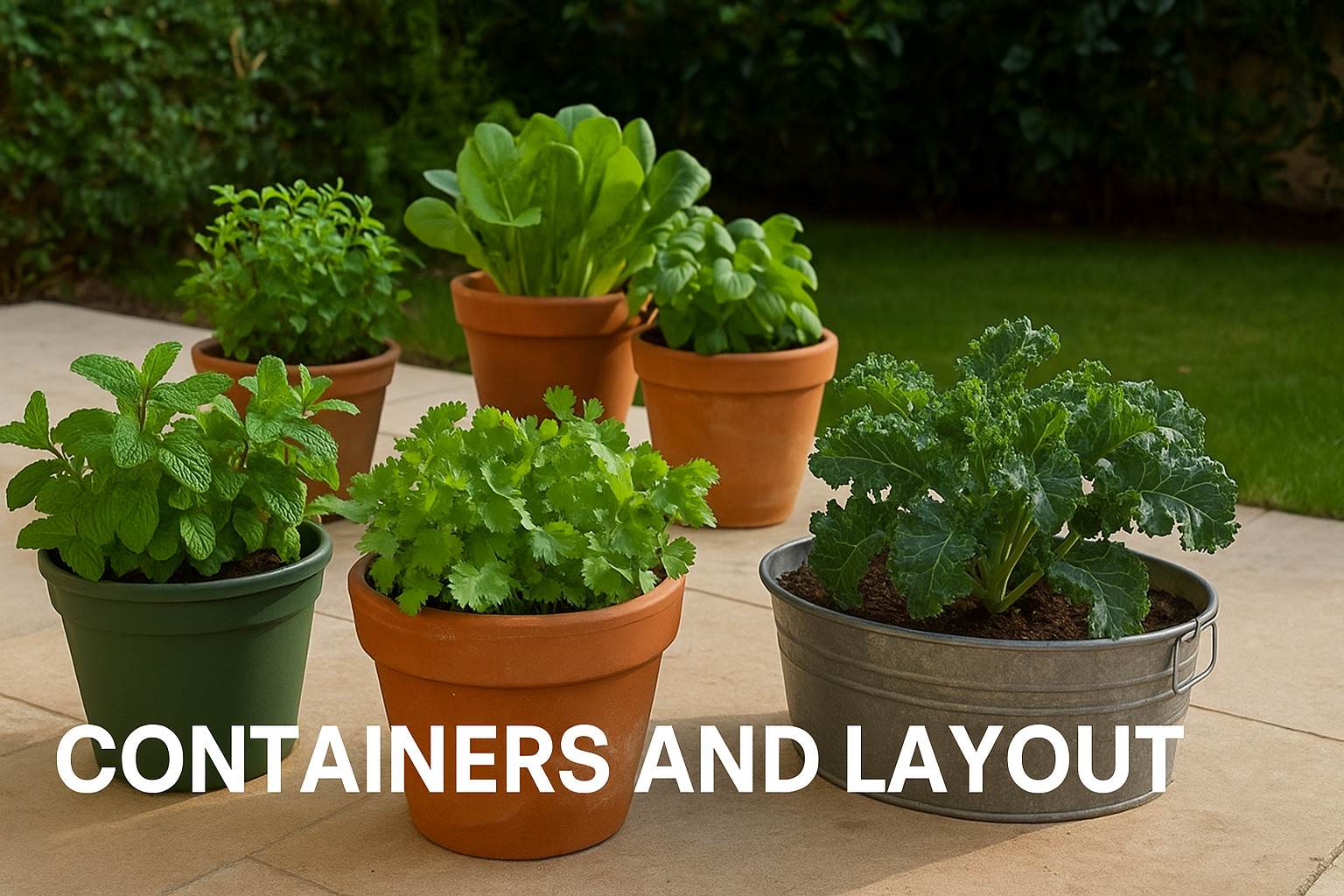 Assorted herb plants in terracotta, metal, and plastic pots arranged on a patio, demonstrating ideal containers and layout for a kitchen herb garden